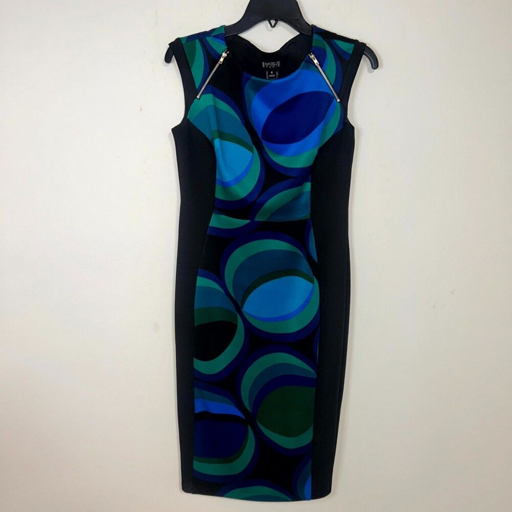 Enfocus Studio Dress Womens 6 Black Multi Geometric Cap Sleeve Sheath Bodycon